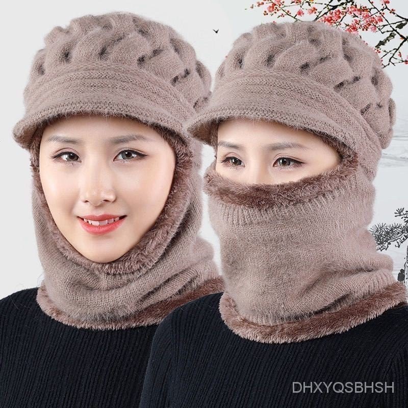 帽子女秋冬季防寒保暖毛綫帽加絨加厚圍脖一體媽媽帽防風針織帽 SUAW
