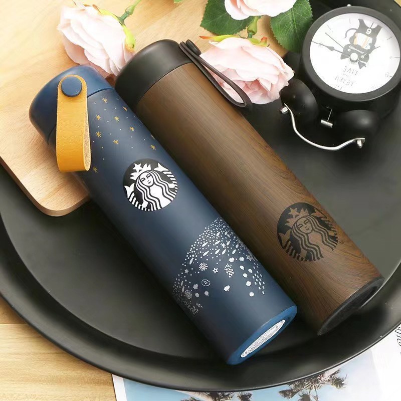 星巴克女神保溫杯 STARBUCKS 304不銹鋼保溫杯 保冷杯 車載便攜式水杯 復古原木紋 提繩咖啡杯