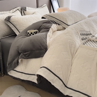 北歐風 法蘭絨床包 床包四件組 雕花加厚素色牛奶絨四件組 立體保暖被套 床單 雙人床包 床罩 兩用被單 被單 枕頭套