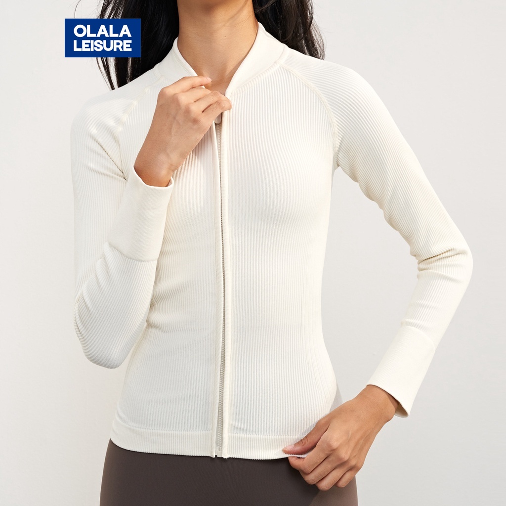 OLALA  新款秋冬緊身顯瘦運動上衣女跑步休閒健身長袖羅紋棒球外套