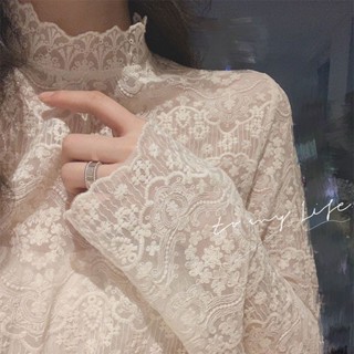 超仙的內搭繡花蕾絲衫女 2022秋冬季新款 百搭長袖半高領網紗打底衫 韓版薄款長袖上衣 氣質百搭內搭衣