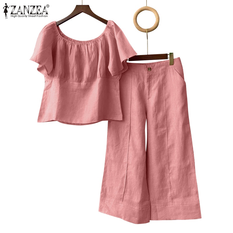 Zanzea 女士復古純色日常休閒 O 領泡泡袖套裝