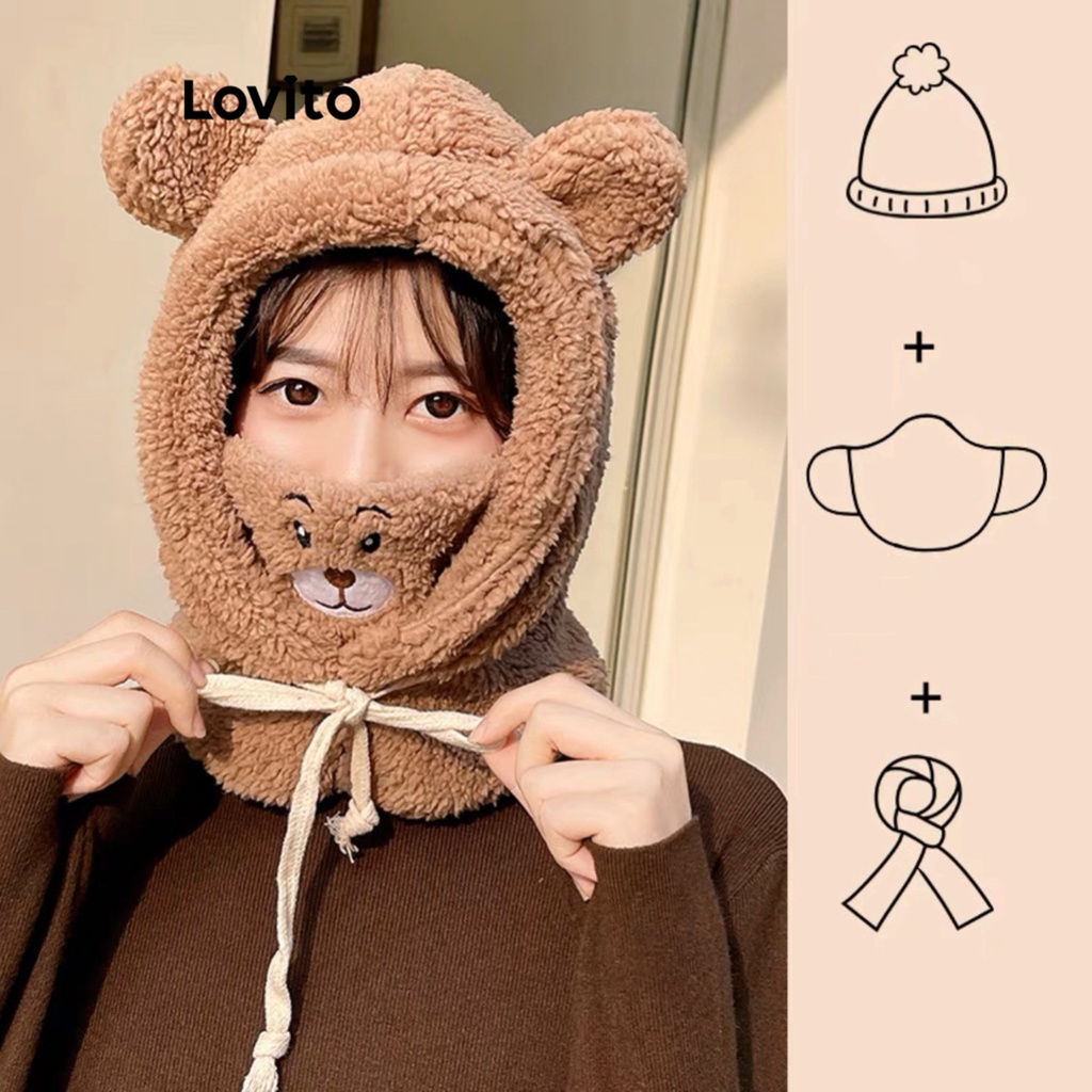 Lovito 可愛動物甜熊多功能帽子圍巾套裝女帽子LFA10671