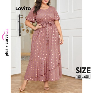 Lovito 女款大尺碼曲線優雅點點荷葉邊抽繩裹身連身裙 LNL38102 (粉紅色)