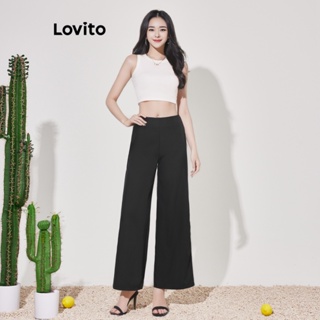 Lovito 女式休閒平紋結構線條長褲 LBE04010 (黑色)