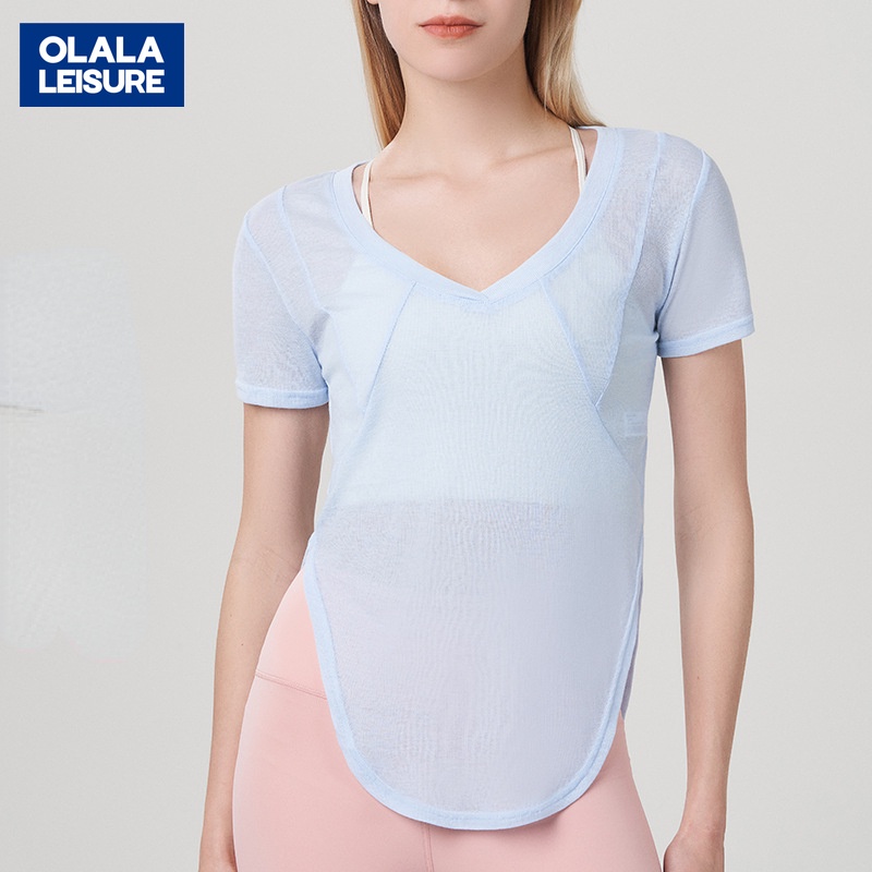 OLALA  新款夏季寬鬆透氣瑜伽服罩衫運動短袖T恤女健身訓練跑步速乾上衣