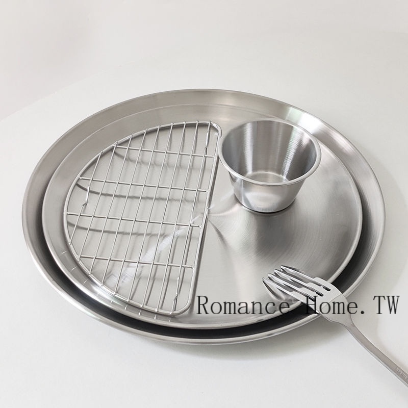 【Romance Home】現貨 不鏽鋼圓盤帶瀝油架 韓國ins風烤肉盤炸雞小吃擺盤 炸豬排盤炸物盤
