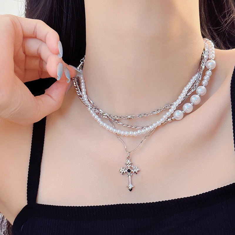 韓版時尚設計雙層高亮珍珠流十字架項鍊