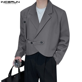 Incerun 男士韓版肩墊純色鏤空長袖西裝外套