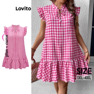 Lovito 大尺碼波西米亞風格紋繫帶荷葉邊下擺生菜裝飾格紋洋裝女式 LBE05146 (粉紅色)
