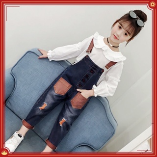 新品 女童網紅套裝 新款韓版洋氣中大童揹帶褲 春秋季女孩牛仔揹帶長褲兩件套 9YGE----