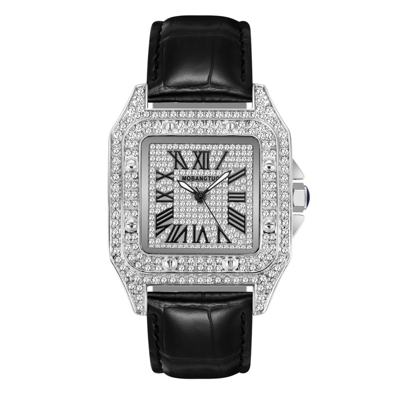 MOBANGTUO品牌手錶 88018銀色 鑲鑽 方形 夜光 石英 真皮 高級女士手錶