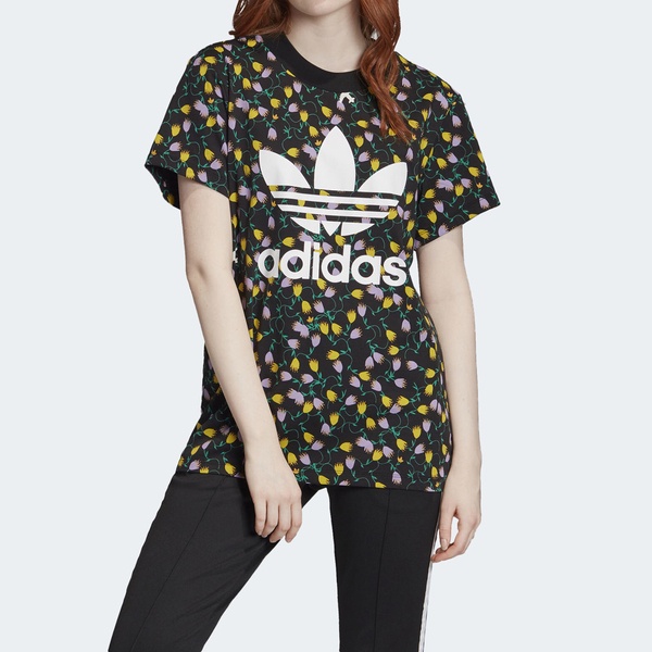 Adidas Original Aop Tee FL4112 女 T恤 花卉 短袖上衣 柔軟 運動 休閒 國際版 黑
