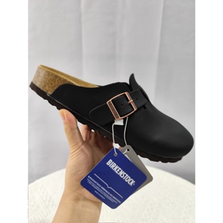 BIRKENSTOCK Bk 經典黑色啞光牛皮半拖鞋男士時尚軟木厚底勃肯女士平底防滑拖鞋 A+