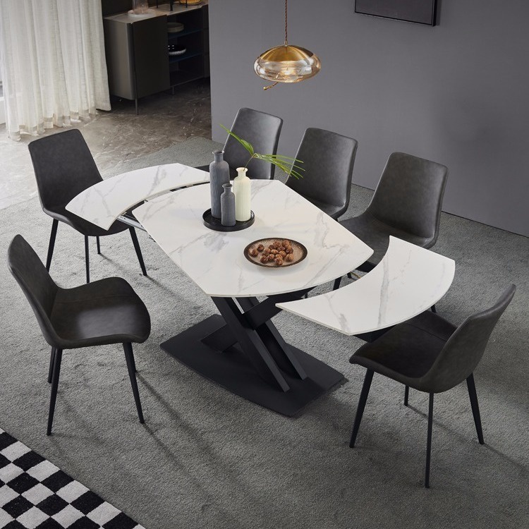 【新品上市】北歐餐桌 客廳餐桌 意式岩板餐桌可伸縮長方形6人北歐折疊小戶型旋轉變形餐桌椅組合 大板桌ZHP
