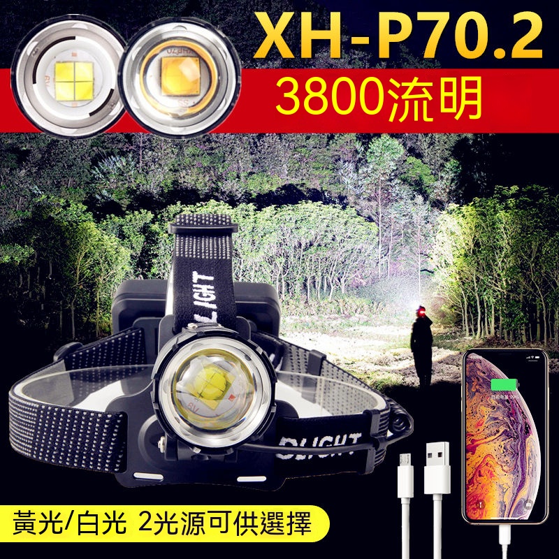 8000流明XHP70.2 LED黃光頭燈18650電池 釣魚頭燈 野營頭燈 可調焦頭燈 LED頭燈頭燈強光充電超亮頭戴