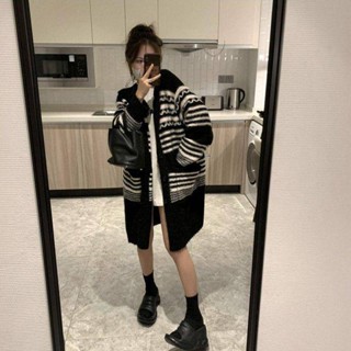 🌟Lovely愛出貨🌟 復古寬鬆黑白撞色中長款毛衣針織衫連帽外套波浪條紋毛線開衫女