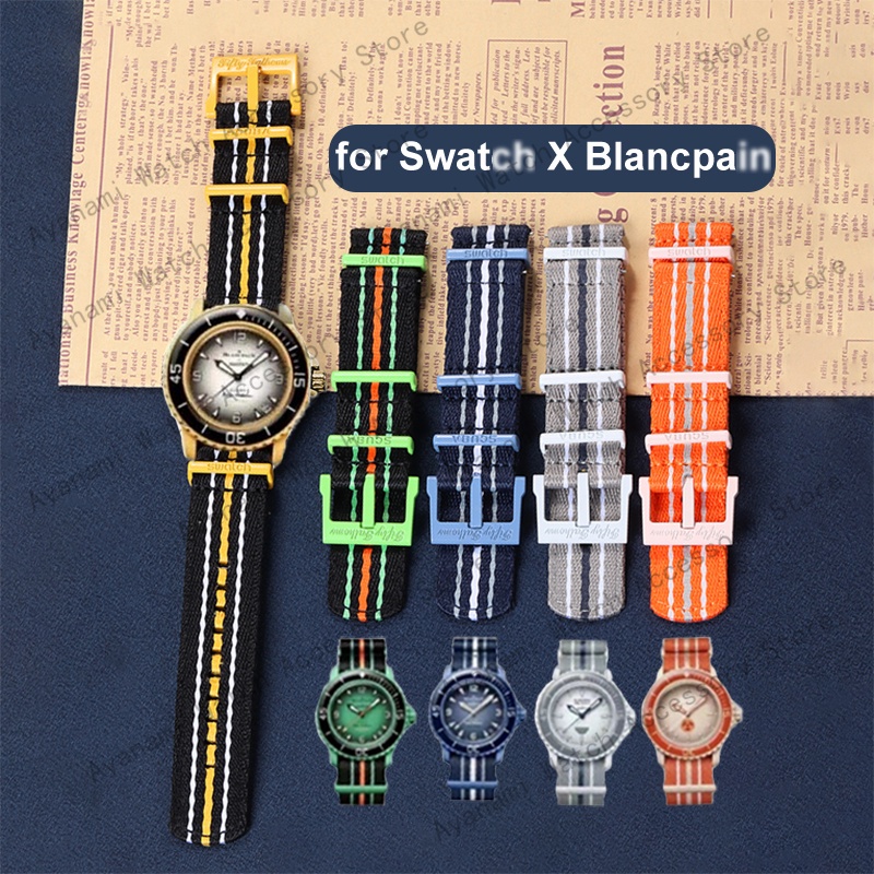 22 毫米尼龍錶帶適用於斯-沃琪 X Blancpain 錶帶加厚條紋帆布手鍊五大洋快速釋放錶帶配件