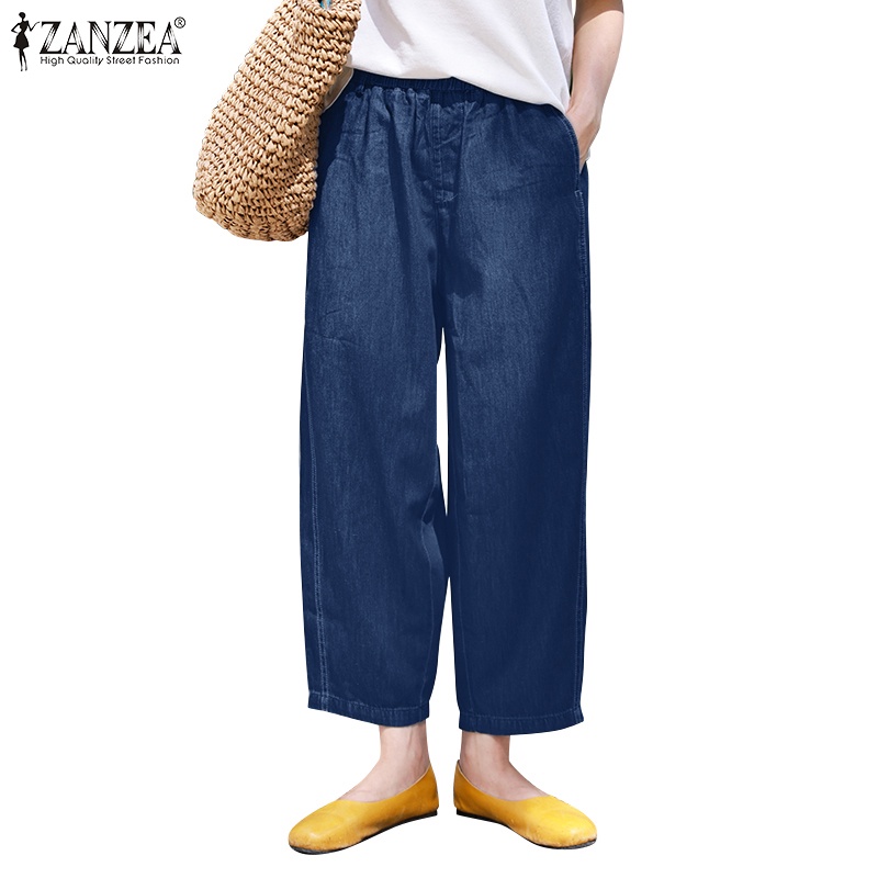 Zanzea 女式韓版純色側袋彈力腰直筒褲
