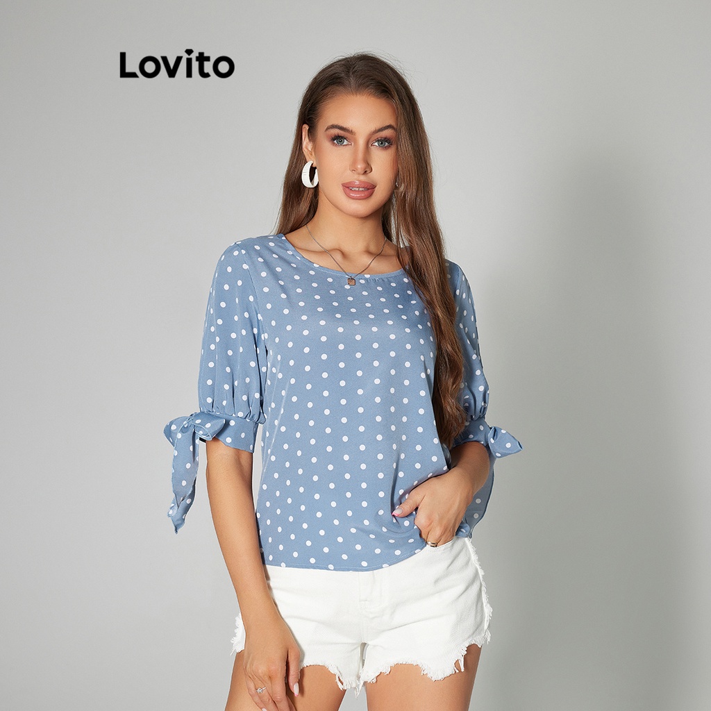 Lovito 女士休閒點點繫帶襯衫 LBA05039 (藍色)