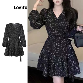 Lovito 女士休閒點點裹身泡泡袖洋裝 LNE27238 (黑色)
