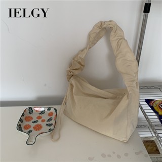 IELGY 小清新藝文素色女士帆布包 韓版單肩褶皺抽繩手提斜跨休閒包