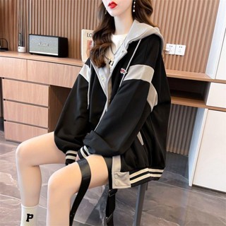 美式復古棒球服外套女 春秋新款 寬松學生薄款連帽衛衣 ins潮時尚百搭連帽上衣 中長款長袖外套 加絨連帽外套