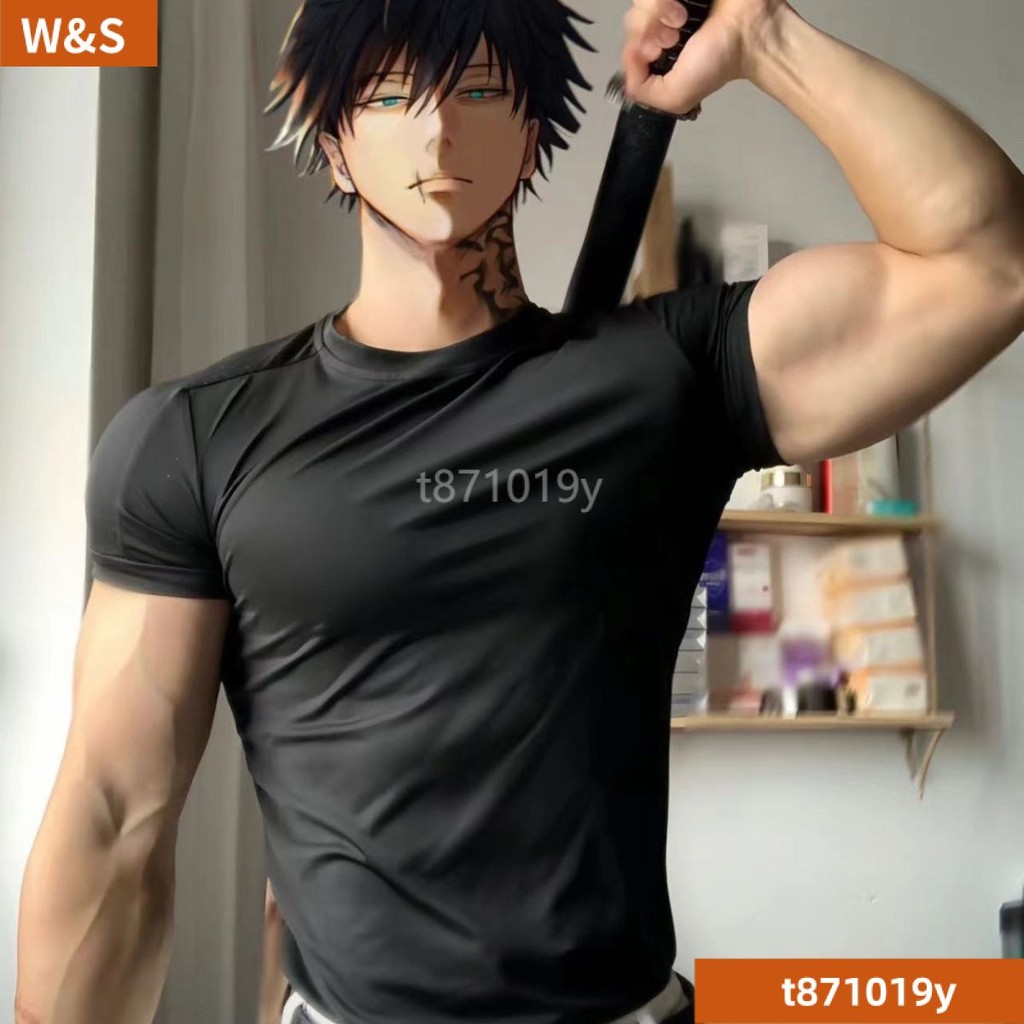 W&S 伏黑甚爾 咒術迴戰 伏黑甚爾衣服健身緊袖口T恤顯肌肉美式小領口短袖男款修身4三分袖