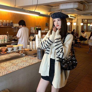 🌟Lovely愛出貨🌟 燕麥Bagel條紋針織開衫長袖寬鬆顯瘦百搭上衣2023秋季東大門款韓款韓版