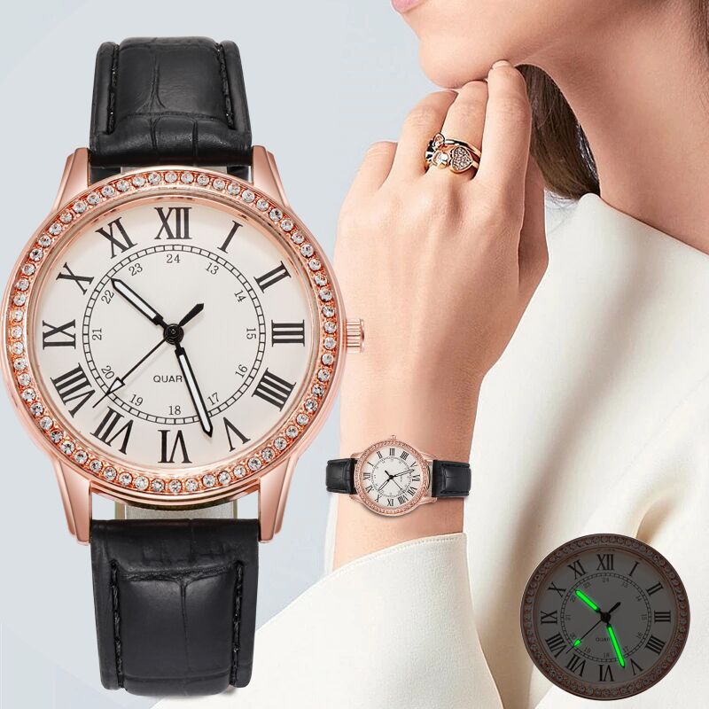 wish女表新款手錶 女士簡約鑲鑽夜光復古皮帶石英錶