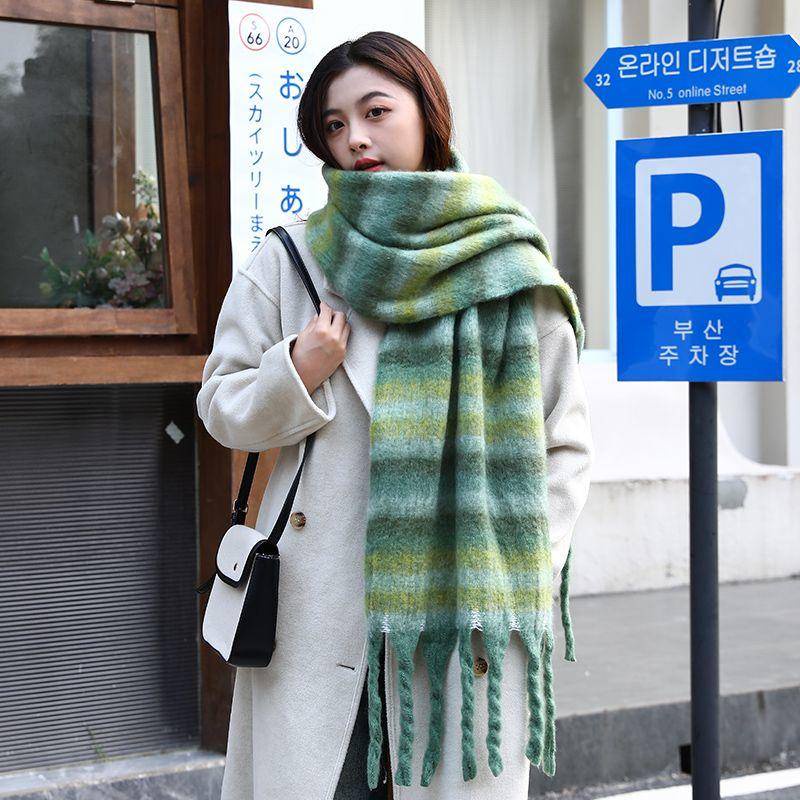 2023冬季新款圍巾女韓系圍脖格子馬海毛綠色圍巾情侶圍巾披肩加厚