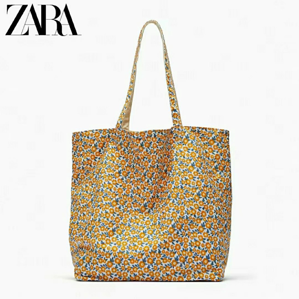Zara 女士花朵手提包新款單肩手提托特包雙面購物袋小清新碎片帆布包
