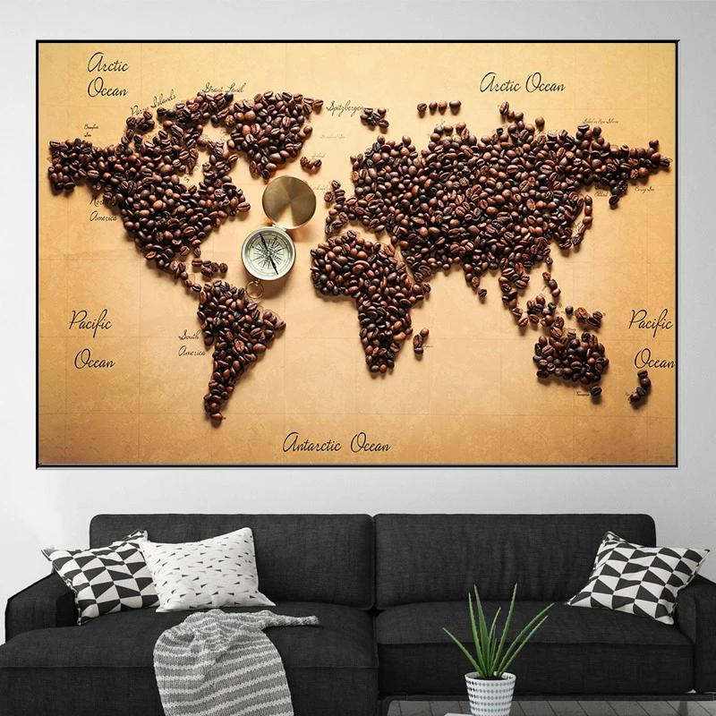 現代世界地圖由烤咖啡豆製成,帶有指南針帆布繪畫咖啡地圖海報,適用於咖啡廳咖啡店牆壁裝飾無框