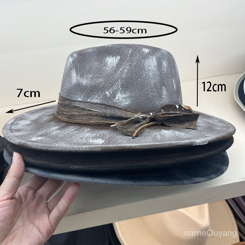Fedora手工做舊煙燻感大簷爵士帽羽毛裝飾經典紳士帽歐美復古禮帽牛仔帽