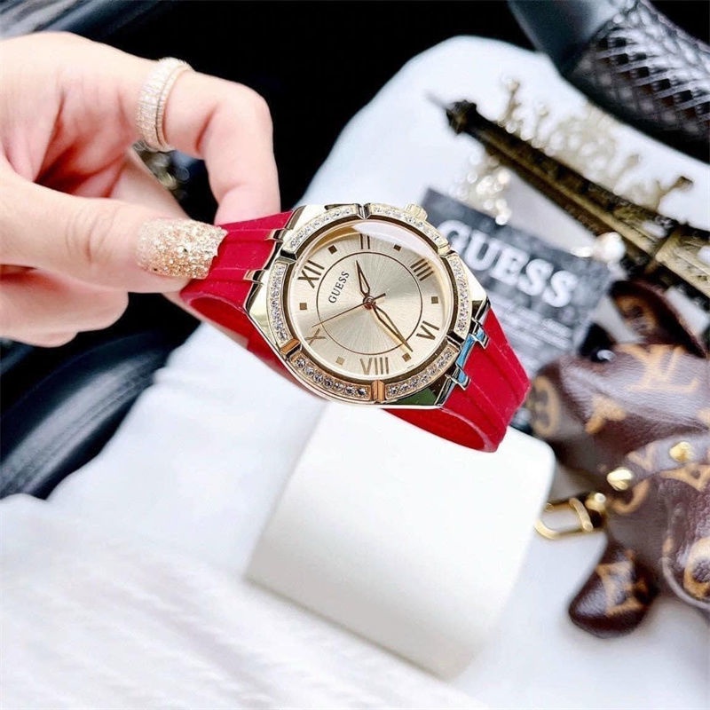GUESS 蓋斯 手錶 女 粉色 矽膠 白色 錶帶 時尚 ins 鑲鑽 錶盤 石英 防水錶 禮物表