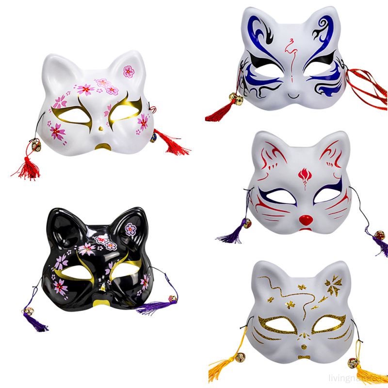 手繪白色櫻花貓 黑色狐狸萬聖節 日式和風面具 金粉節日裝扮面具