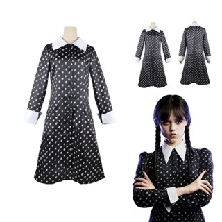 電影星期三亞當斯角色扮演服裝成人女性星期三黑色哥特式花朵連衣裙兒童女孩假髮萬聖節派對角色扮演服裝禮物