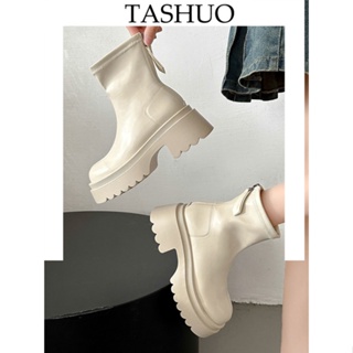 TASHUO 英倫風厚底彈力短靴女2023年秋季新款時尚潮流後拉鍊瘦瘦短筒靴子