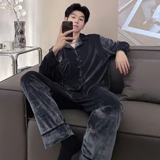 家居服套裝 珊瑚絨睡衣男 法蘭絨睡衣 長袖長褲睡衣 【D113】夫妻睡衣情侶裝金絲絨秋冬季寬鬆加大加胖保暖套裝宿舍打底家