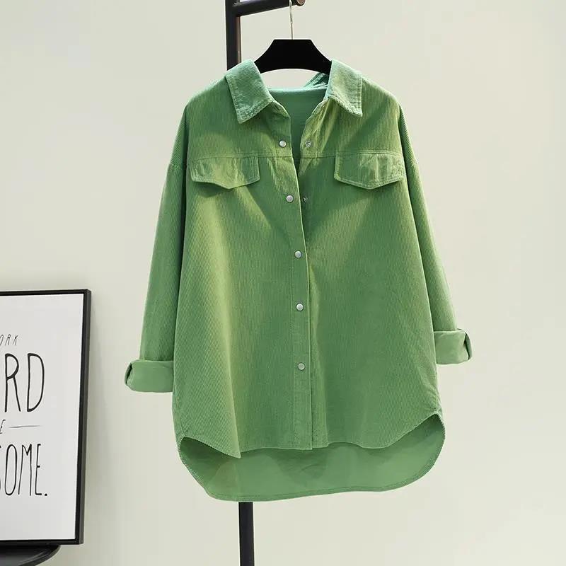 酪梨綠中長款燈芯絨襯衫  寬鬆素色拼接雙口袋外套小外套