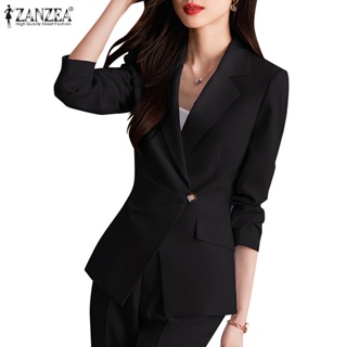 Zanzea 女式韓版翻領長袖門襟褶襉腰繫帶鈕扣純色西裝外套