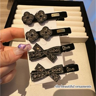 黑色絲絨髮夾輕奢氣質閃鑽蝴蝶結花朵鴨嘴夾前額劉海夾側邊夾髮飾