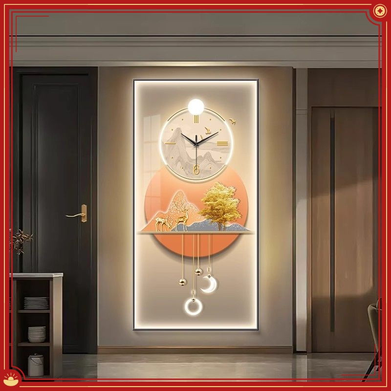 [熊貓]熱銷時鐘裝飾畫 現代輕奢玄關裝飾畫掛鐘 麋鹿發財樹裝飾畫時鐘 客廳創意時鐘 掛牆壁鐘