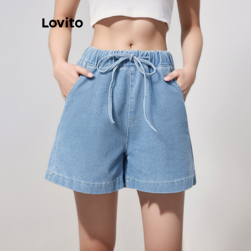 Lovito 女休閒素色口袋抽繩牛仔短褲 LBL07070