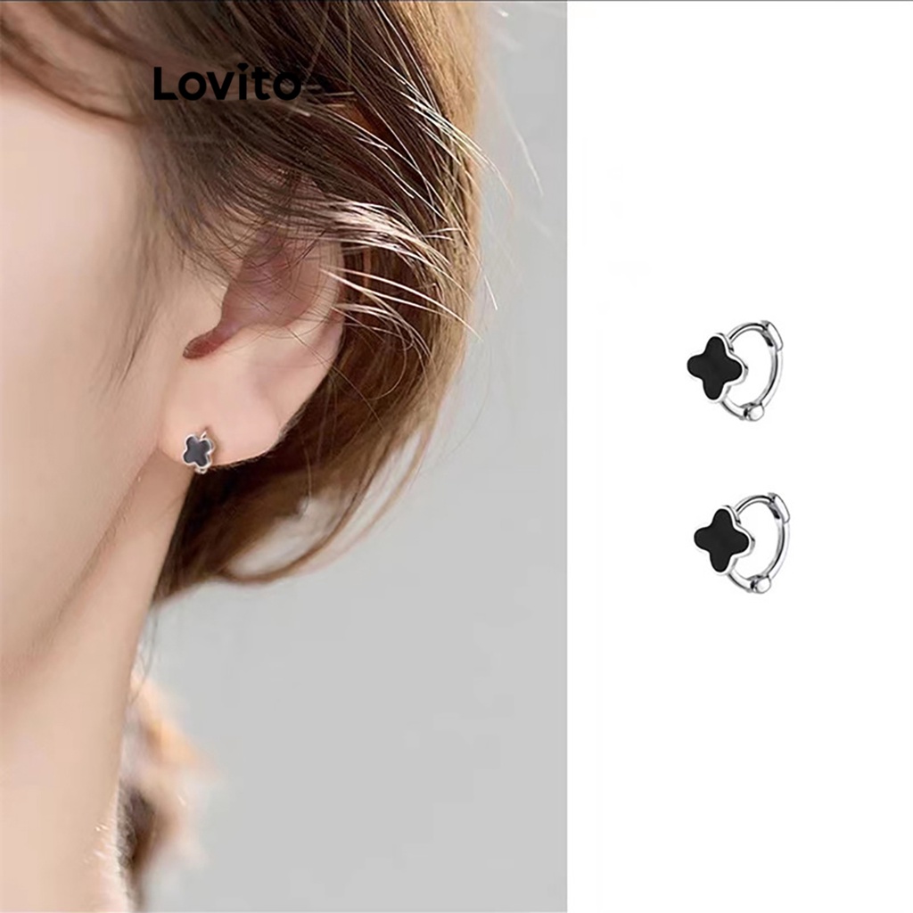 Lovito 女士休閒素色花朵耳環 LFA02073 (黑色)