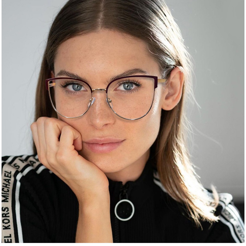 復古貓眼彈簧鉸鏈女士金屬眼鏡框透明防藍光眼鏡男士光學框架電腦護目鏡