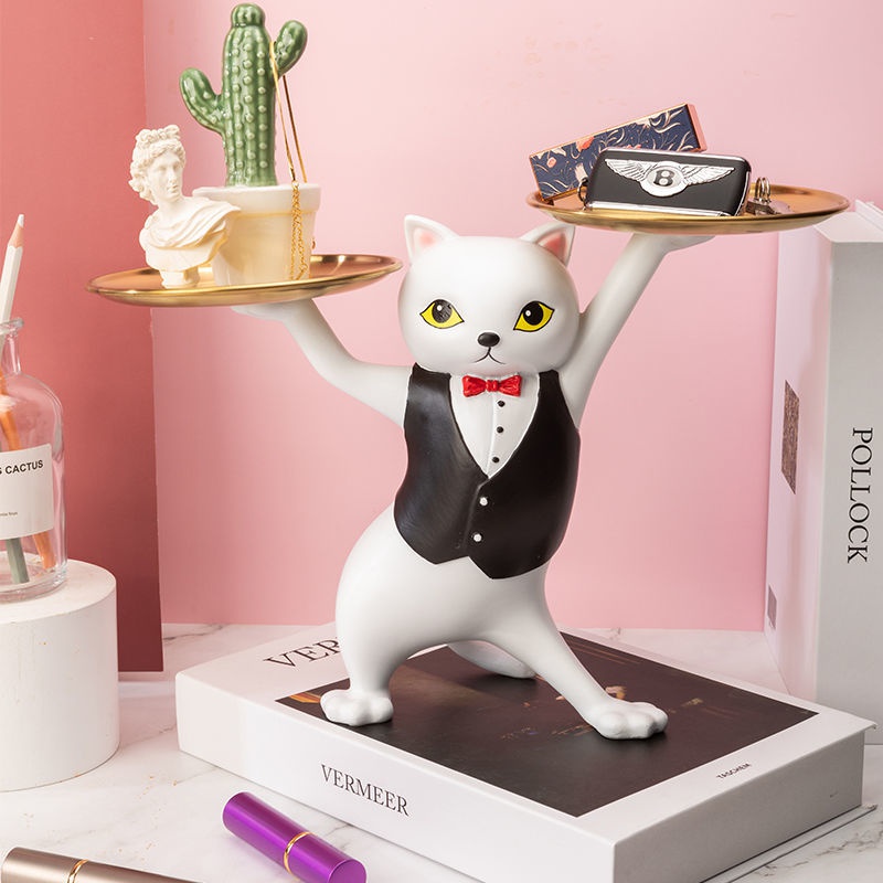 創意貓咪托盤妖嬈貓擺件家居裝飾品玄關鑰匙收納梳妝檯首飾收納