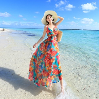 洋裝夏女裝雪紡吊帶碎花沙灘裙海邊度假旅行長裙