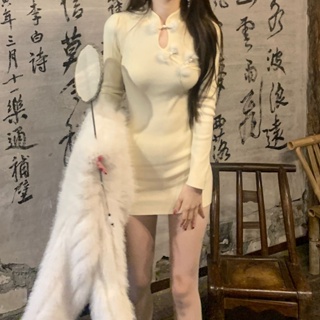 新中式旗袍 毛絨盤口洋裝 旗袍領洋裝 長袖洋裝女 秋冬新款國風包臀裙 緊身顯瘦包臀短裙