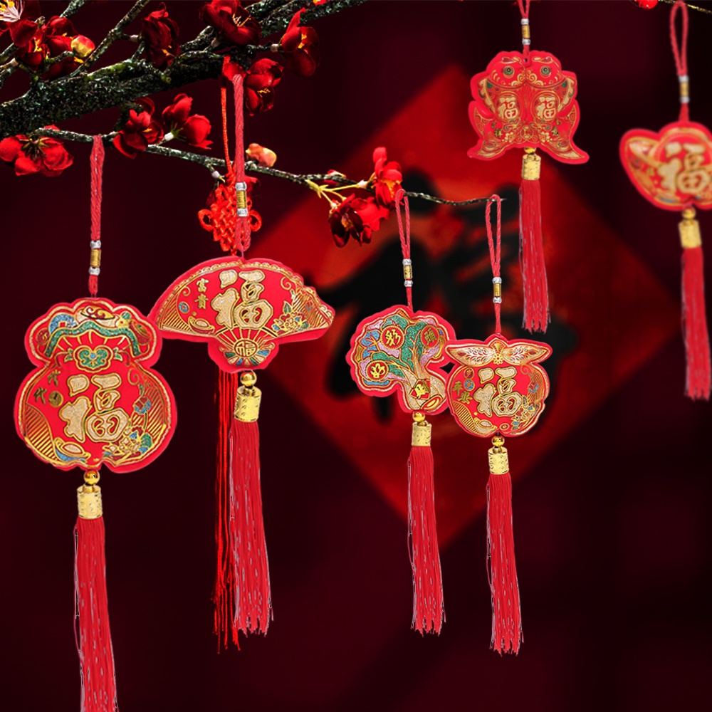 新年中式福福袋挂件/福袋盆栽挂件裝飾/春節中國結流蘇雙魚福袋/紅袋掛飾